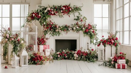 Fototapeta premium A welcoming Christmas backdrop featuring a warm fireplace, festive garlands, vibrant colors, and charming decor elements, perfect for family gatherings and holiday festivities.