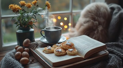 A cozy Easter morning scene with an open book, bunny-shaped pancakes, and a steaming cup of coffee on a wooden breakfast tray