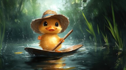 Adorable duckling in a tiny boat, navigating a rain-swept stream.  A charming illustration.