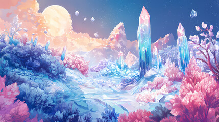 Microscopic view of a child's imagination crystallized, panoramic shot. Crystalshade. Illustration