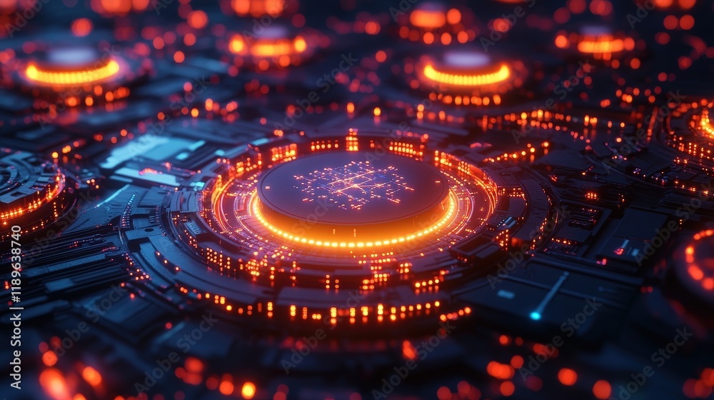 Poster Futuristic nodes linked by glowing orange lines depict edge computing in a vibrant digital landscape focused on data processing and connectivity
