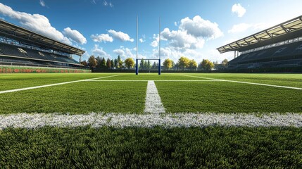 A rugby field with goalposts under a clear sky, ready for a match.