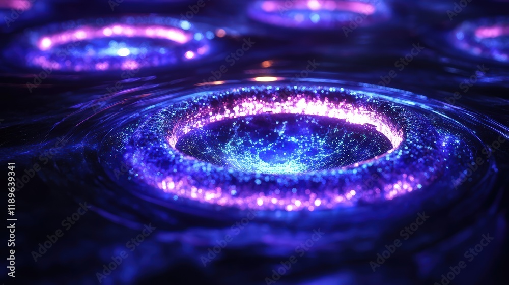 Poster glowing circular patterns emerge from a dark fluid surface, representing the complex interactions an