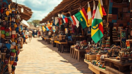 Obraz premium A vibrant market scene with African flags prominently displayed among local crafts.