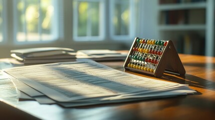 A vibrant layout of financial documents and an abacus on a polished wooden table with soft natural lighting.