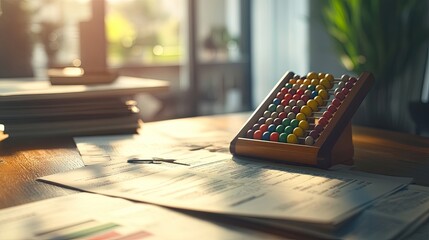 A vibrant layout of financial documents and an abacus on a polished wooden table with soft natural lighting.
