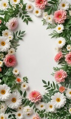 White background with isolated fresh flowers and greenery, spring flowers, branches