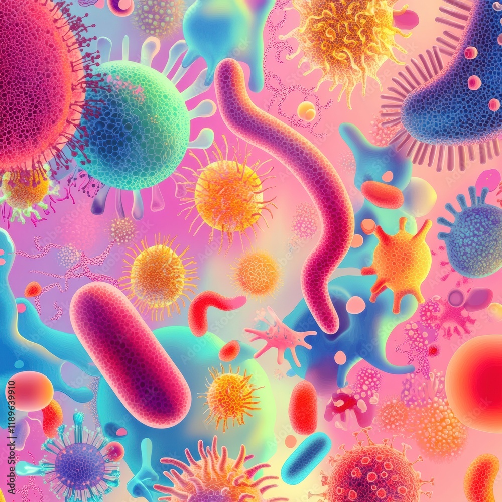 Aufkleber microscopic depiction of diverse microbes showcasing vibrant colors and intricate textures in variou