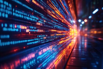 Colorful vibrant code symbols fill low-code platform. Futuristic digital tech interface. Coding symbols create stunning visual of digital innovation, development. Vibrant futuristic tech platform.