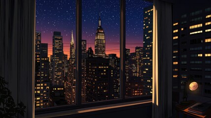 Night Cityscape View from Window