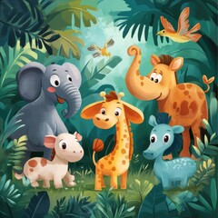 Naklejka premium Adorable Jungle Animals Gather In Lush Foliage