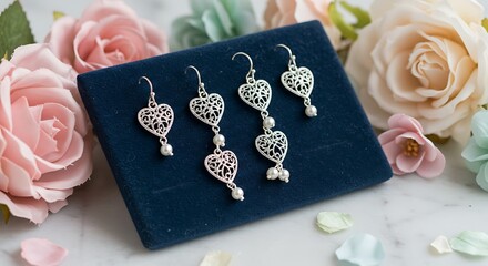 Delicate silver heart shaped drop earrings with pearl accents.  Filigree jewelry.  Beautiful accessories.