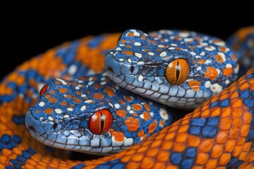 Fototapeta premium Vibrant blue and orange snakes intertwined, showcasing intricate scales and striking eyes.