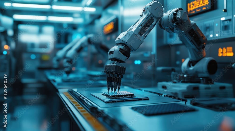 Poster close-up view of robotic arms precisely assembling delicate components in a modern manufacturing env
