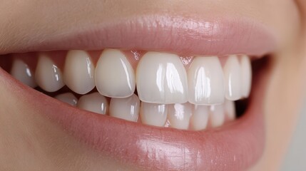 Fototapeta premium Doctor checking young woman's teeth color on light grey background, closeup. Dental veneers