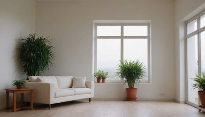 Bright, minimalist living room with a white couch, wooden table, and potted plants by large windows offering a scenic view