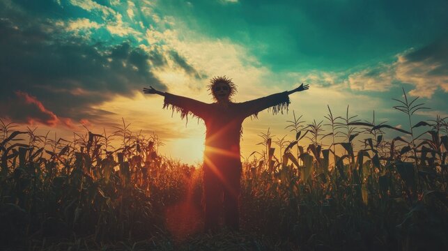 Scarecrow silhouette in cornfield at sunset.