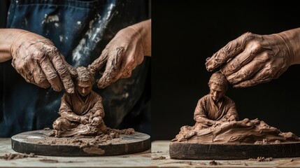 Sculptor's hands shaping clay figure.