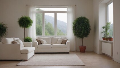 Bright, inviting living room with a white sofa, potted plants, and large windows showcasing a green landscape outside.