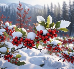 Winterberry holly with bright red berries in a field of snow, winter, snow, green stem