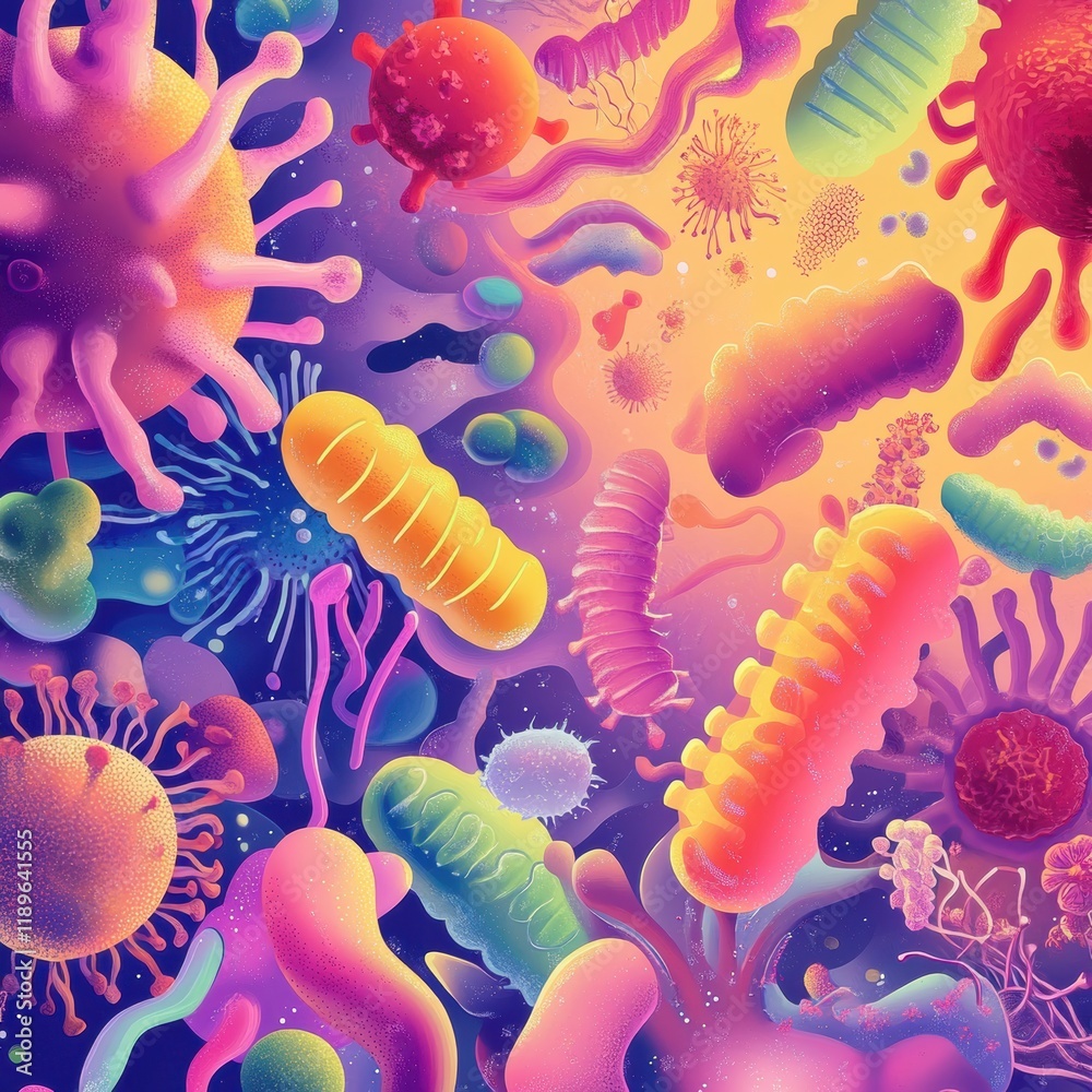 Leinwandbilder illustration showcases diverse microscopic microbes with vibrant colors and unique shapes in a dynam