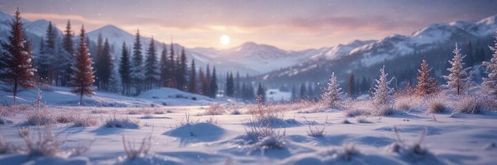 Obraz premium Winter landscape with soft focus and white snowflakes gently falling from the sky, peaceful, frosty atmosphere , frozen