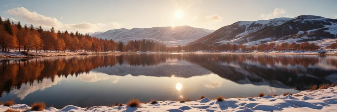 Winter sun casts a warm glow on the Carron Valley Reservoir , landscape, winter