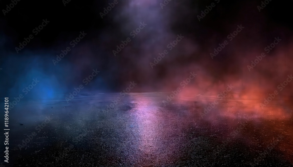 Poster ethereal reflection of colorful lights on wet asphalt with dramatic smoke and fog background, ideal 