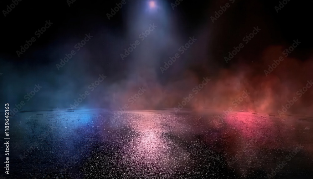 Poster ethereal reflection of colorful lights on wet asphalt with dramatic smoke and fog background, ideal 