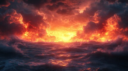 Fototapeta premium Fiery sunset over a stormy sea.