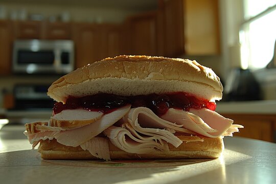 A turkey sandwich with cranberry sauce on a table