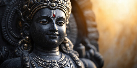 Close-up of an intricately crafted black stone deity statue, highlighted by dramatic lighting against a dark, textured backdrop. The fine details and carvings showcase exceptional