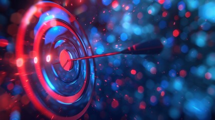 Fototapeta premium dart hitting center of colorful target, surrounded by vibrant bokeh lights, creates dynamic and energetic atmosphere. red and blue hues enhance visual impact