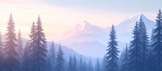 Fototapeta premium Misty mountain sunrise over evergreen forest
