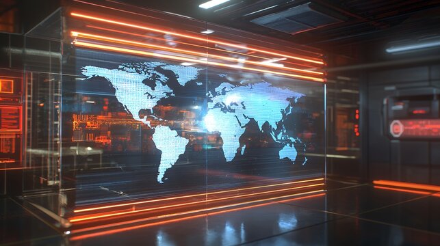 Global Network Visualization: Futuristic Data Center with Interactive World Map Display - Powered by Adobe