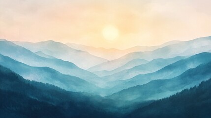 Misty mountain sunrise panorama; scenic, tranquil view; hazy sunset backdrop; ideal for travel, nature websites