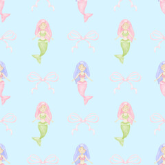 mermaid, bow. Watercolor seamless pattern in pastel colors for textile and wrapping paper. Cute underwater world illustration for kids