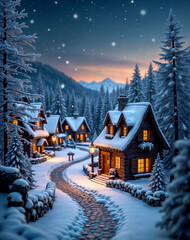 Fototapeta premium Whimsical Village Diorama at winter Night Art, winter, snow