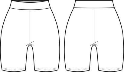 Unisex Cycling Shorts- Technical fashion illustration. Front and back, white color. Unisex CAD mock-up.
