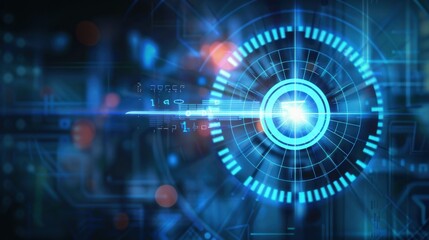 Futuristic digital interface with glowing blue elements and circular patterns, representing technology and innovation. design evokes sense of advanced technology and connectivity