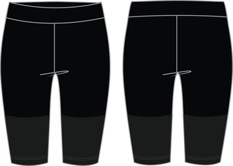 Unisex Cycling Shorts- Technical fashion illustration. Front and back, black color. Unisex CAD mock-up.