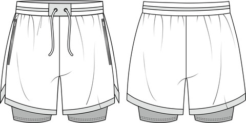 Unisex Performance Running Shorts- Technical fashion illustration. Front and back, white color. Unisex CAD mock-up.