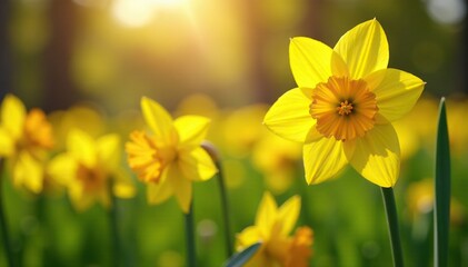 Obraz premium Yellow petals shining brightly in morning light, narcissus, landscape
