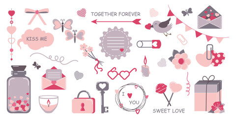 Valentine s day elements set. Love romance symbols for February 14. Gift, heart, envelope, floral bouquets, lover sweet message and others other decorations. Perfect for stickers and greeting cards.
