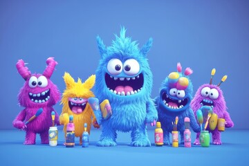 Naklejka premium Colorful monster alien children busily crafting in a workshop