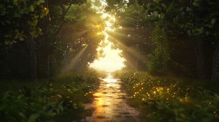 Obraz premium serene forest path illuminated by golden sunlight, surrounded by lush greenery and soft foliage. tranquil atmosphere invites exploration and reflection