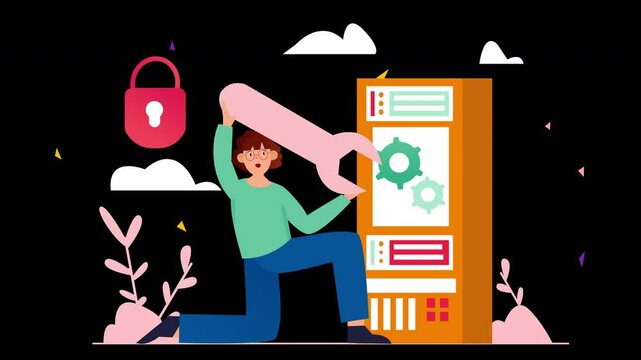 A cartoon character, likely European, works on a secure server with a wrench, representing technology and security.