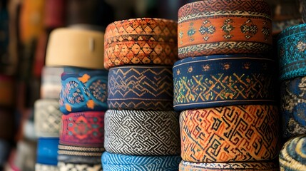 A group of Omani caps that are decorated with woven arabesque patterns.