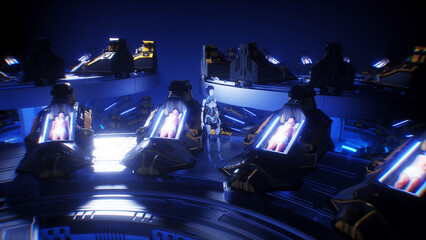 futuristic female robot in laboratory with cryocapsules with sleeping peoples. Cryo sleep future concept. 3d rendering.