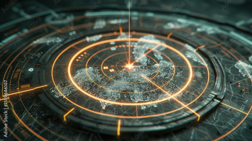 Poster futuristic radar display with glowing orange elements and detailed map. intricate design showcases t